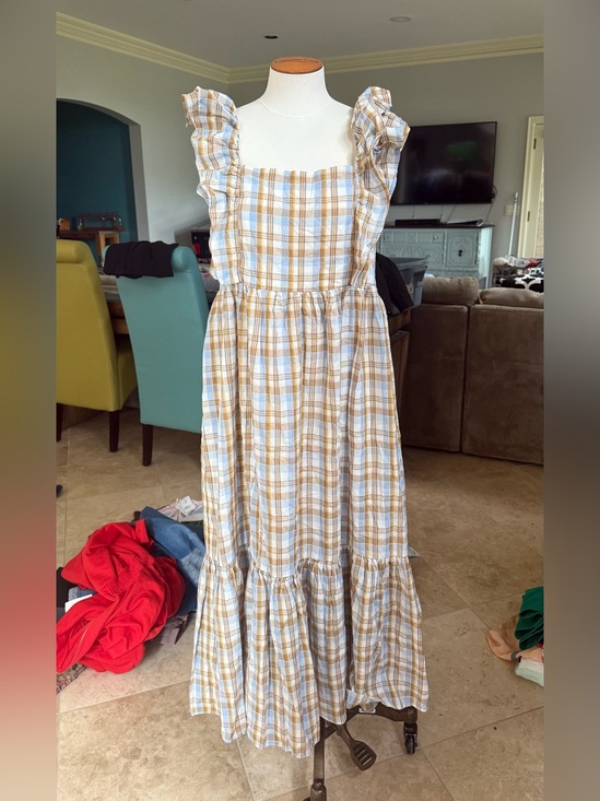 Madewell Dresses & Skirts - NWT Madewell Plaid Ruffle Strap Maxi Dress - White and Tan